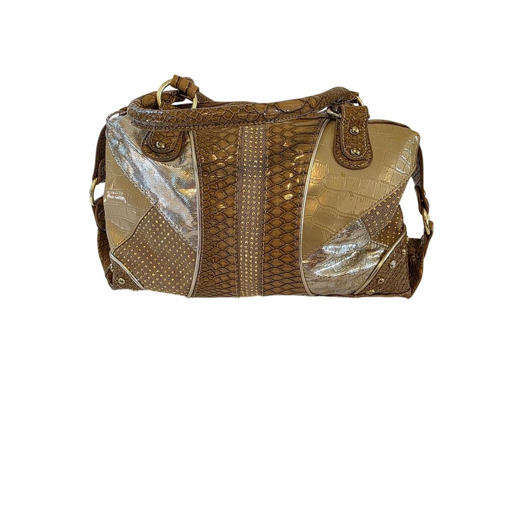 Vintage Y2k Textured Studded Mock Croc Purse Gold Tan Bling Satchel Style Medium